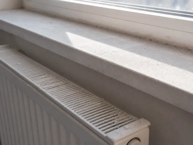 Feiner Bauschicht auf Fensterbank und Heizkörper als Symbol für unsichtbaren Feinstaub in Nischen
