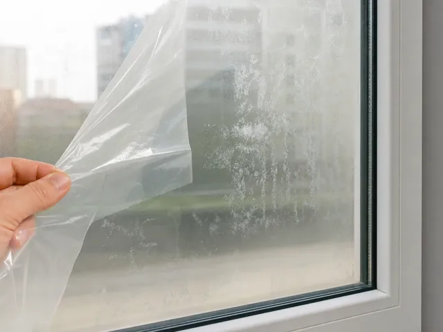 Fensterscheibe mit teilweise abgezogener Bauschutzfolie und Kleberresten als Symbol für schwierige Glasreinigung