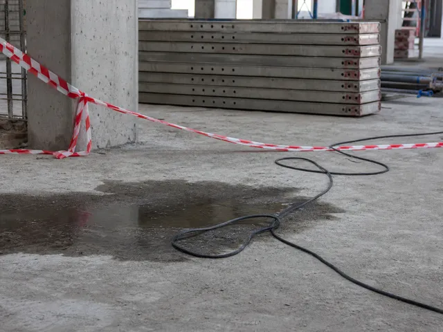 Absperrband und Kabel auf nasser Baustellenboden als Symbol für Unfallrisiken vor der Endreinigung
