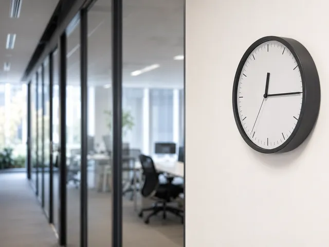 Büroflur mit Uhr und Arbeitsplätzen als Symbol für Termintreue und feste Reinigungszeiten