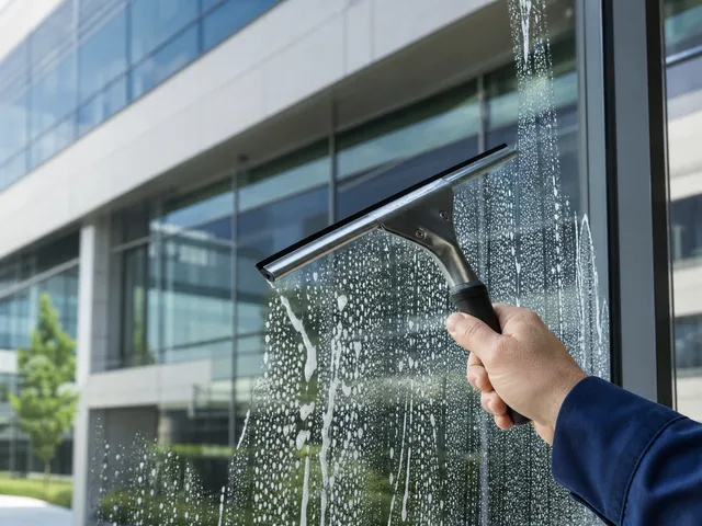 Fensterreinigung mit Abzieher und klarem Glas als Symbol für Schlieren und Streifenbildung