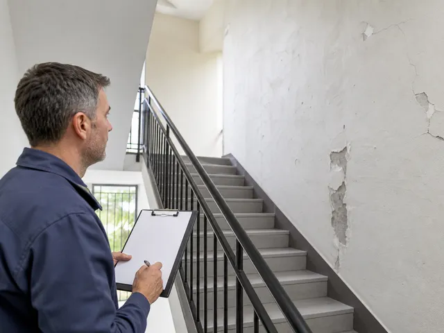 Objektbegehung mit Klemmbrett in einem Treppenhaus als Symbol für Mängeldokumentation