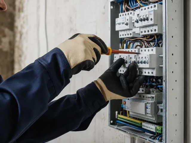 Handwerker an einer Elektroverteilung als Symbol für erforderliche Fachkenntnisse bei Kleinreparaturen
