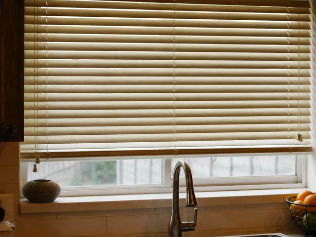 Küchenfenster mit Jalousien als Symbol für Fett- und Ölablagerungen