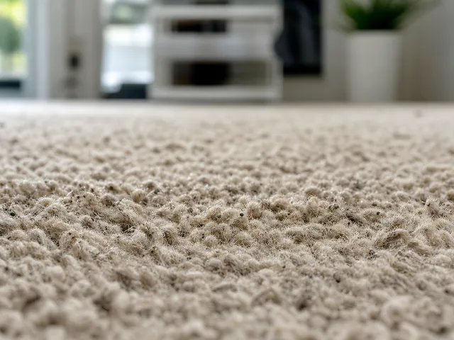 Nahaufnahme von Teppichfasern mit eingetretenem Feinstaub