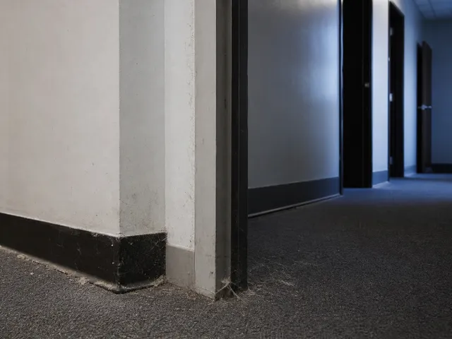 Staub und nachlassende Sauberkeit in einem Büroflur als Symbol für sinkendes Reinigungsniveau im Zeitverlauf