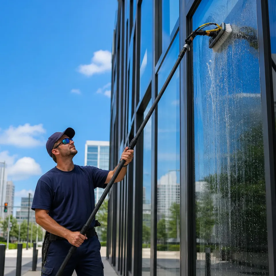 Fachkraft bei der professionellen Fensterreinigung an einer Glasfassade in Stuttgart