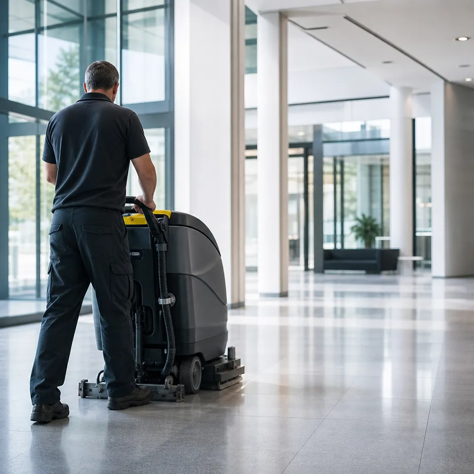 Reinigungskraft bei der materialgerechten Grundreinigung in einem Wohnraum in Stuttgart
