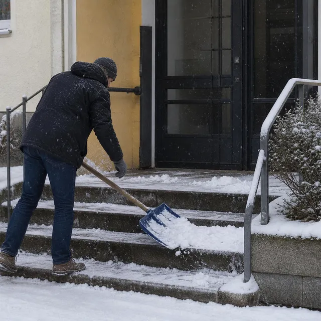 Schneeräumung am Eingang eines Gebäudes im Winter