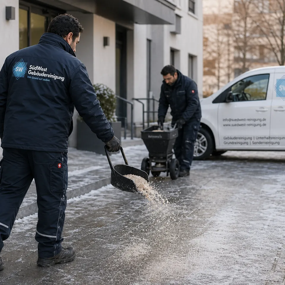 Winterdienst-Team bei Räum- und Streuarbeiten auf einem Objektgelände in Stuttgart