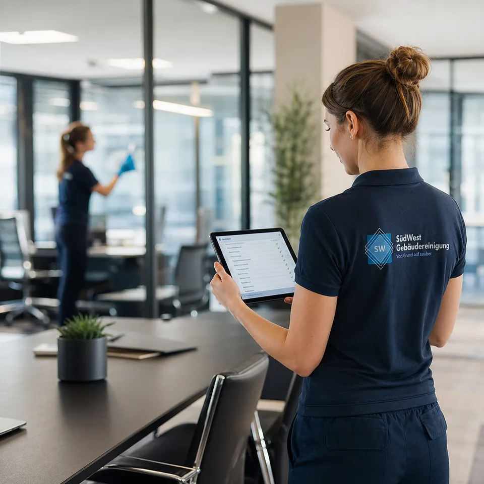 Reinigungskraft mit digitalem Qualitätscheck in einem modernen Bürogebäude
