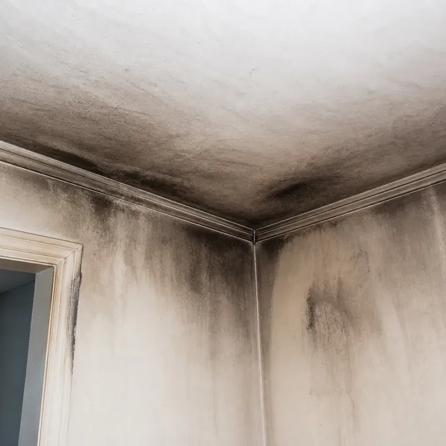 Ruß und Brandschaden an Decke und Wand vor der Reinigung