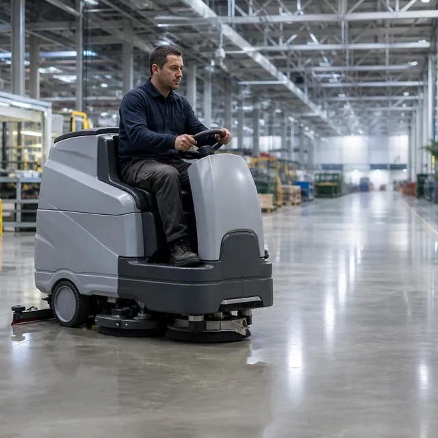 Industrielle Bodenreinigung mit Scheuersaugmaschine in einer Halle