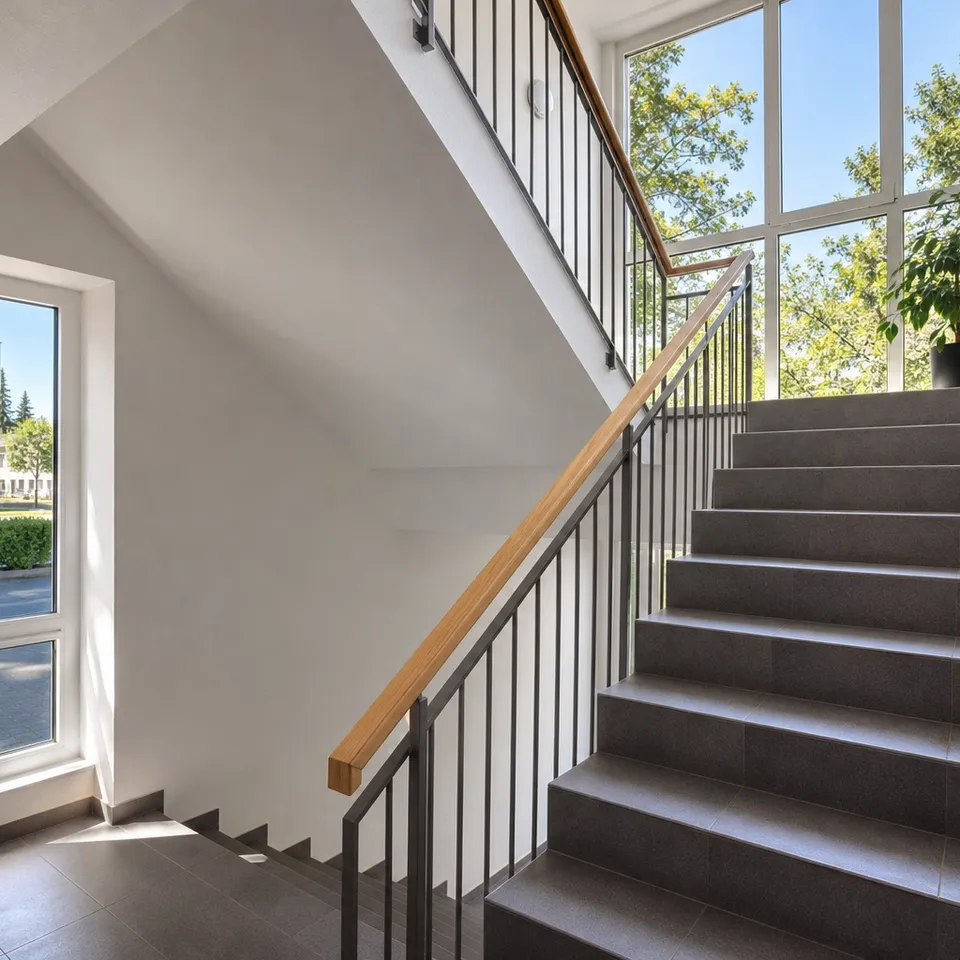 Reinigungskraft bei der Treppenhausreinigung in einem gepflegten Mehrfamilienhaus in Stuttgart